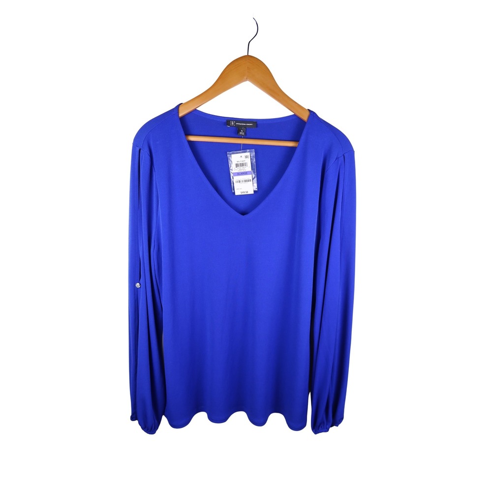 INC International Concepts Blue V-Neck Split Sleeve Blouse NWT XL